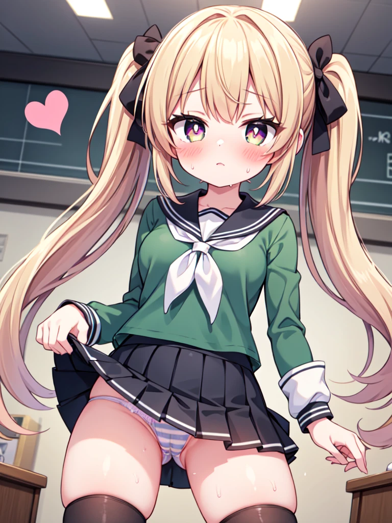 highest quality,masterpiece,8k,1girl,medium breasts, blush, sweat, mini skirt, lift skirt, upskirt, stripe panties, hair ribbon, twin tails, green shirt, seifuku, white neckerchief, long sleeves, pleated skirt, black skirt, thigh highs sox, loafers, camel toe, open legs, heart shaped pupils, 