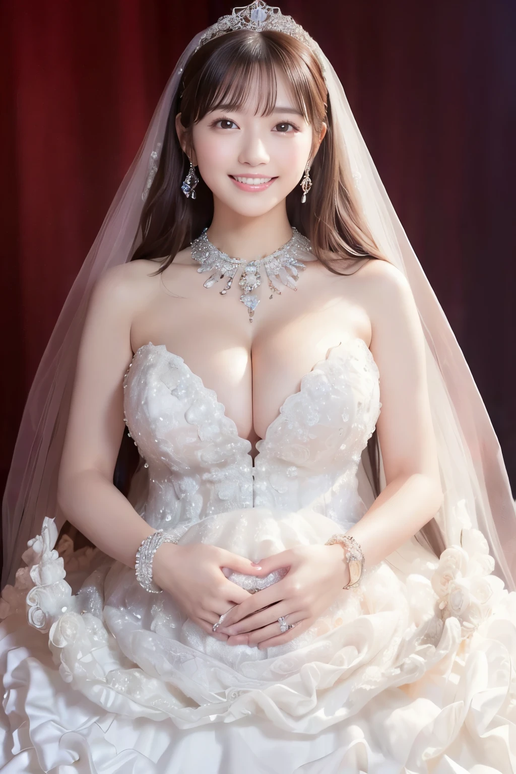 (Highest quality、Tabletop、8k、Best image quality、Award-winning works)、One beautiful bride、(The most extravagant and luxurious huge wedding dress:1.3)、(The most luxurious and perfect wedding lace:1.3)、(The most extravagant and luxurious giant tiara:1.3)、(The most luxurious and luxurious giant necklace:1.3)、(The most extravagant and luxurious giant jewellery:1.3)、(A wedding dress with intricate and exquisite decoration:1.3)、(A bright and jeweled wedding dress:1.3)、portrait photo of a beautiful female、Glowing Skin、Brown Hair、Standing Elegantly、(Gorgeous and classy background with strong blur:1.3)、The best smile、Smile widely and show your teeth、(Large Breasts:1.1)、(Cleavage:1.1)、(pregnancy:1.2)