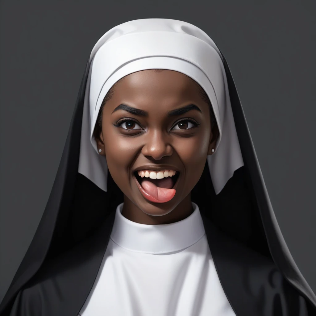 A simple cartoon vector svg top view，A sexy young Catholic nun squinting，Sticking out tongue, A black face, (She has nice cleavage:1.4), Not suitable for working hours, Flat color style,  