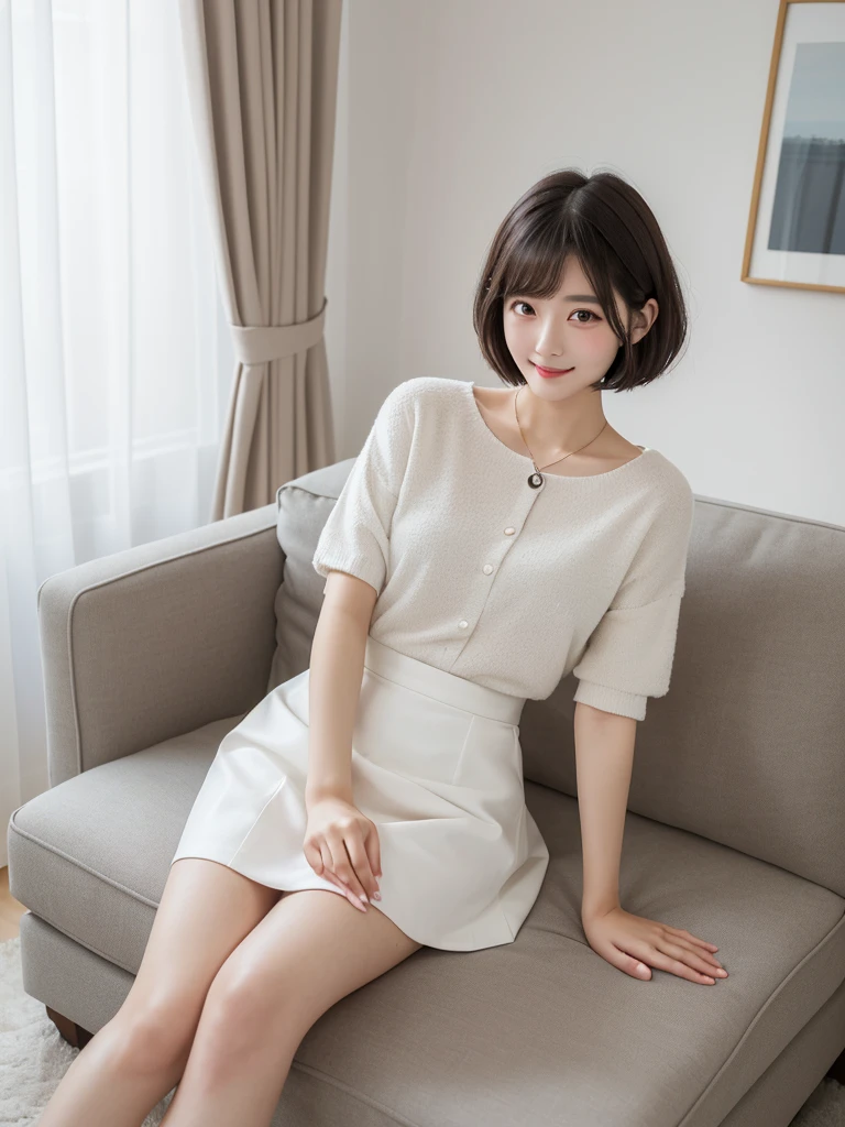 table top、(highest quality、4k、8k、High resolution、master piece: 1.2)、Super detailed、(real、photorealistic、photorealistic: 1.37),White dress、full body shot, hands in hair,Long hair,Complex and beautiful eyes、woman、Feminine hairstyle、natural color lip、(( seductive pose))、smile, standing , in Hotel room,Cute and sexy shot looking at the camera,night, sitting on sofa, lifted by hand white mini skirt,((spread legs)), white g-string,black stocking,