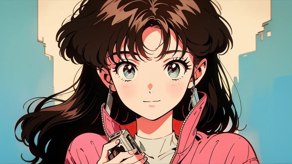 An anime style drawing of a girl holding a cassette tape. The girl has big eyes, brown hair, and wears casual clothes. The cassette tape is red and labeled ``1980...''. The girl is smiling and holding the cassette up in front of her face. The background is simple and the main focus is on the girl and the cassette tape.