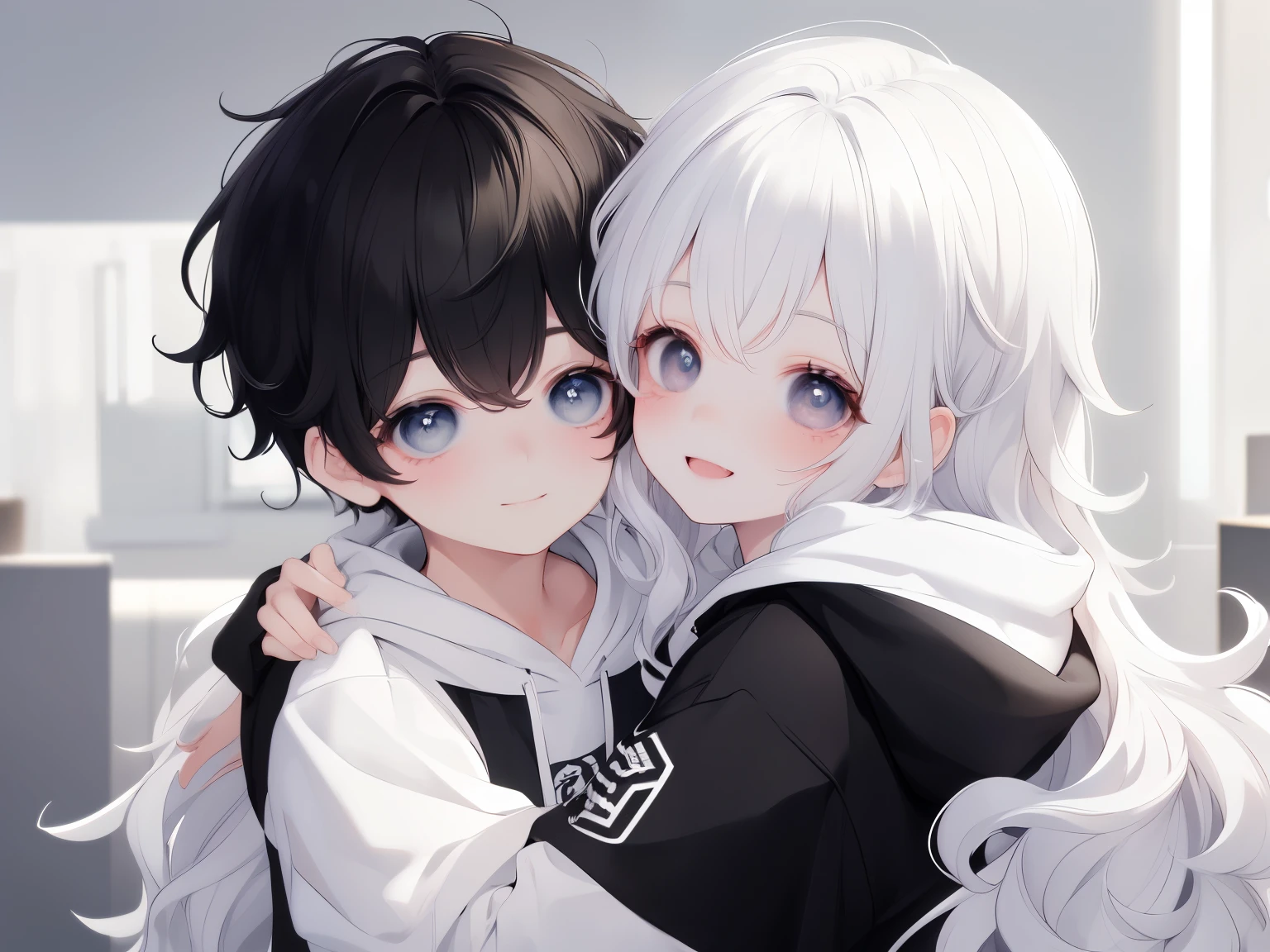 Masterpiece, Best quality, 8K resolution ，1womanl, ((wavy white long hair)), sweeping bangs, Black colored eyes, Smile, Modern clothes, Embrace one ((Boy with black messy short black hair and black simple hoodie)) From the front，white backgrounid