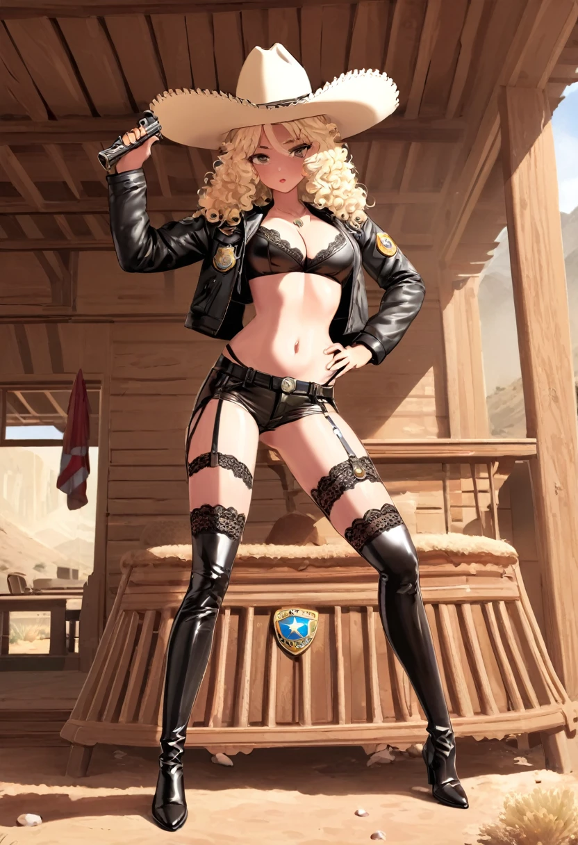 NSFW, 1girl, blonde hair, curly hair, cowboy hat, cropped jacket, leather, brown jacket, cleavage, navel, bare legs, naked, knee up, whip, desert, mountain, thigh highs, lace trim, skindentation, sheriff badge, revolver, hand on hip, long hair, shiny skin,, masterpiece, best quality, highly detailed