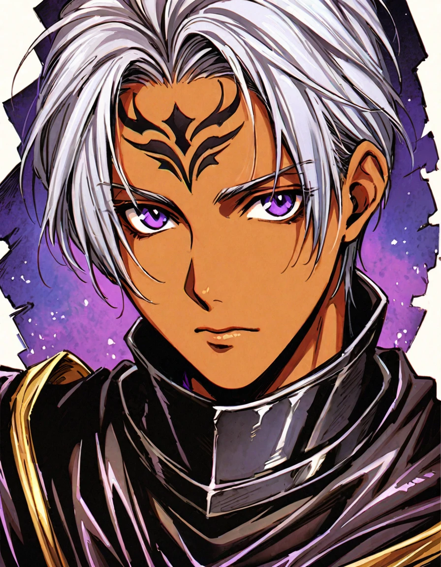 ((Highest quality)), ((masterpiece)), (((White Background))),male,(20th Generation),(Fantasy Costume),(youth),Character portrait,Gray Hair,((Front view)),(Character details),Purple Eyes,Brown skin,There are eyes on the forehead,alone,Are standing,(Black Armor),Silver Hair,adult