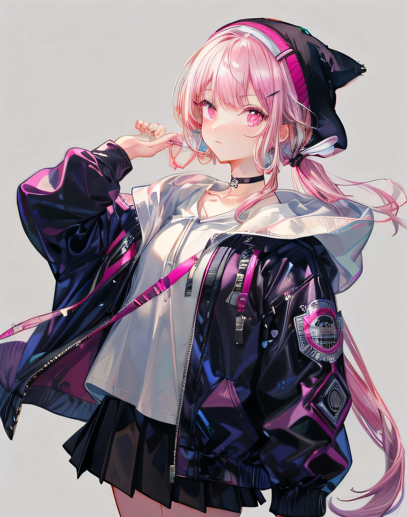 Y2k outfit,holding it up on her face, 20 years old, Y2k, pank fashion,oversized hoodie, cute, ((black skirt,white shirt)), Hair tied on both sides, pink hair, pink eyes, pink beanie, metal hairpin,miyashita park,black choker