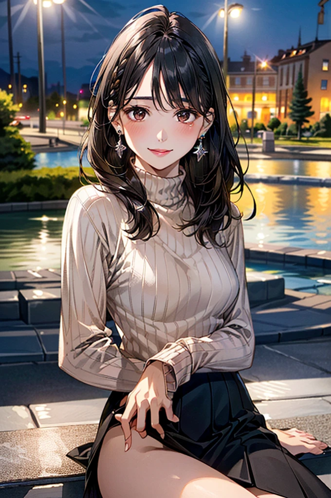 (masterpiece:1.3, Highest quality, Ultra-high resolution, Very detailed), (Realistic, photoRealistic:1.4), Beautiful illustrations, Perfect lighting, colorful, Written boundary depth,
Beautiful detailsまでこだわった髪, Beautifully detailed face, Beautiful details, Beautiful clavicle, Beautiful body, 美しいLarge Breasts, Beautiful thighs, Beautiful legs, Beautiful fingers,
Show Viewer、Front view:0.6, beauty1人, Japanese, beauty、30 years old, Perfect Face, (Perfect Anatomy, Anatomically correct), Cute and symmetrical face, Baby Face, , Shiny skin,
((Brown turtleneck sweater:1.4)),(((Wraparound skirt 1.5)))
(Black Hair, Medium Straight Hair:1.4), braided bangs、 Dark brown eyes, (Large Breasts), The body is slim,
necklace, (Small earrings:1.4),
(Beautiful views), (night), (city, cityscape in the distance), Sit on a bench, 優しいsmile、(smile, Lips parted),