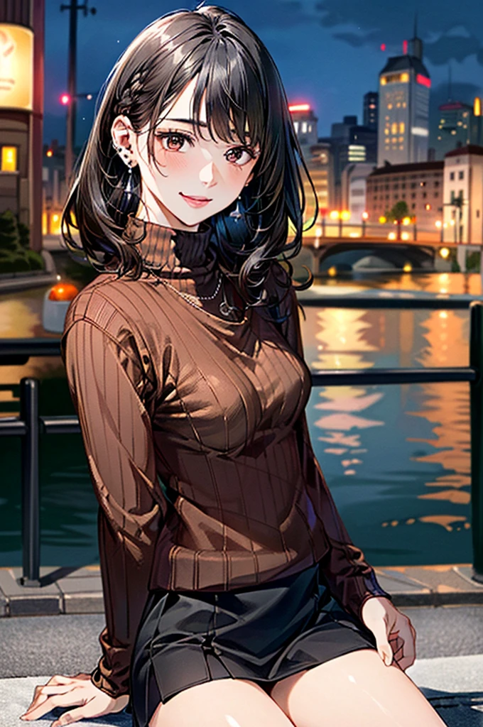 (masterpiece:1.3, Highest quality, Ultra-high resolution, Very detailed), (Realistic, photoRealistic:1.4), Beautiful illustrations, Perfect lighting, colorful, Written boundary depth,
Beautiful detailsまでこだわった髪, Beautifully detailed face, Beautiful details, Beautiful clavicle, Beautiful body, 美しいLarge Breasts, Beautiful thighs, Beautiful legs, Beautiful fingers,
Show Viewer、Front view:0.6, beauty1人, Japanese, beauty、30 years old, Perfect Face, (Perfect Anatomy, Anatomically correct), Cute and symmetrical face, , , Shiny skin,
((Brown turtleneck sweater:1.4)),(((Wraparound skirt 1.5)))
(Black Hair, Medium Straight Hair:1.4), braided bangs、 Dark brown eyes, (Large Breasts), The body is slim,
necklace, (Small earrings:1.4),
(Beautiful views), (night), (city, cityscape in the distance), Sit on a bench, 優しいsmile、(smile, Lips parted),