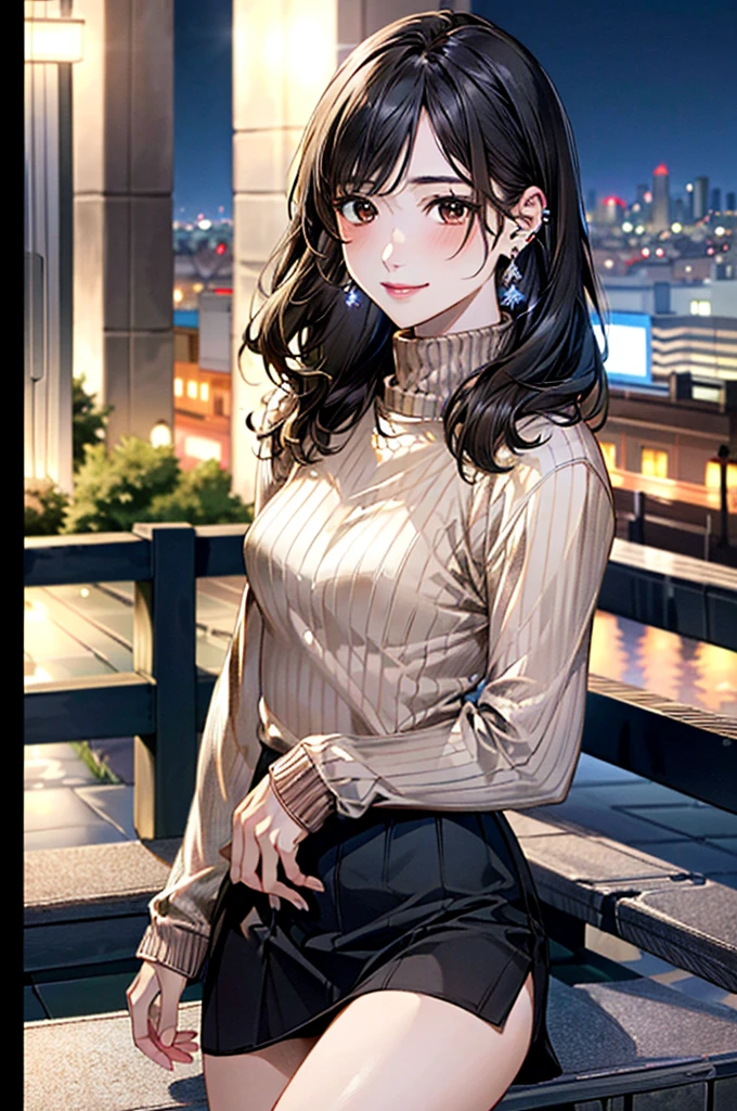 (masterpiece:1.3, Highest quality, Ultra-high resolution, Very detailed), (Realistic, photoRealistic:1.4), Beautiful illustrations, Perfect lighting, colorful, Written boundary depth,
Beautiful detailsまでこだわった髪, Beautifully detailed face, Beautiful details, Beautiful clavicle, Beautiful body, 美しいLarge Breasts, Beautiful thighs, Beautiful legs, Beautiful fingers,
Show Viewer、Front view:0.6, beauty1人, Japanese, beauty、30 years old, Perfect Face, (Perfect Anatomy, Anatomically correct), Cute and symmetrical face, Baby Face, , Shiny skin,
((Brown turtleneck sweater:1.4)),(((Wraparound skirt 1.5)))
(Black Hair, Medium Straight Hair:1.4), braided bangs、 Dark brown eyes, (Large Breasts), The body is slim,
necklace, (Small earrings:1.4),
(Beautiful views), (night), (city, cityscape in the distance), Sit on a bench, 優しいsmile、(smile, Lips parted),