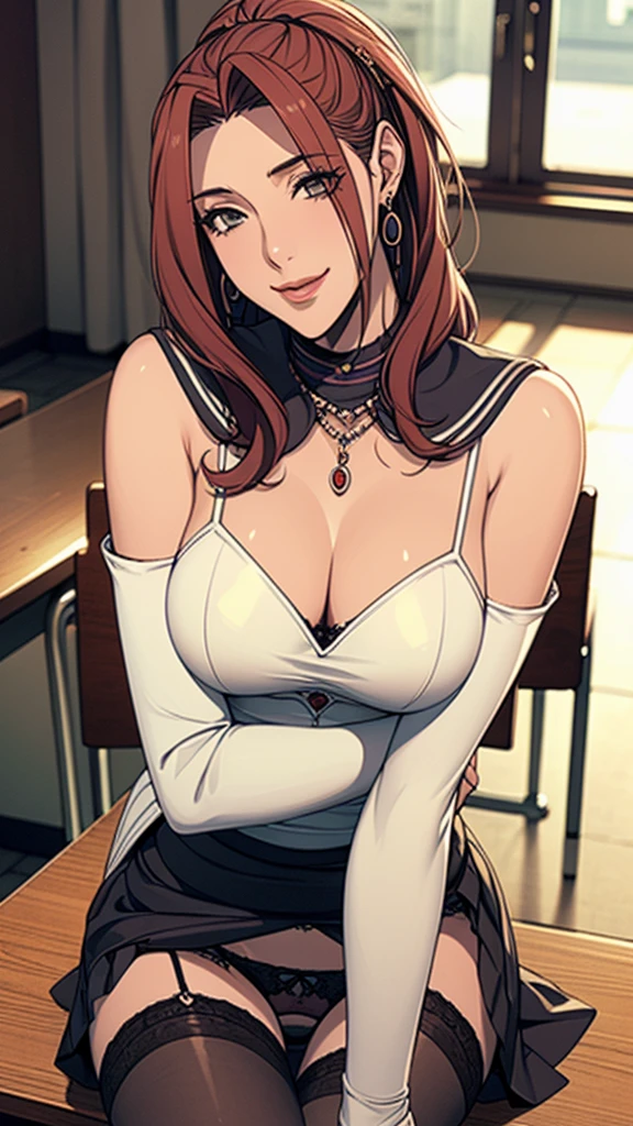 (((Highest quality))),(((High resolution))),((Correct Anatomy))、((Sailor suit))、(((Long Hair))),(((Highest quality))),(((Correct Anatomy))),(((school uniform)))、((((Black panties)))), ((Black Pantyhose)),((Pleated skirt)),((Fancy Lingerie)),((Black knee-high stockings)),((A shy smile)),(Tabletop, Highest quality, High resolution, , Pixel perfect, 4K,), (((Mature MILF)))、(One mature woman)、((Long Hair))、((ponytail))、I could see the whole body, Soft Breasts, Dynamic Angle, Perfect body, ((Earrings、necklace,Pleated skirt)),Office chair、sit