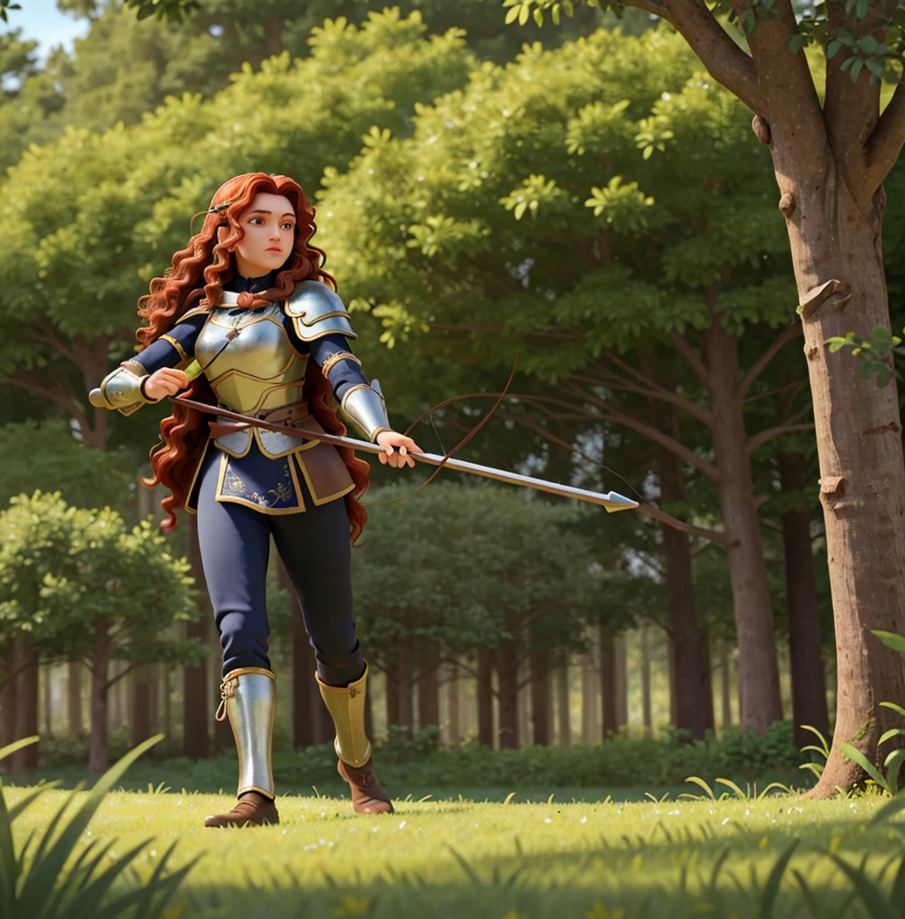 best quality, masterpiece, ultra high res, strong woman, long curly hair, leather armor, medieval clothing, archer, elaborate bow, mystical runes, magical, detailed background, forest, extreme detail, 4k,