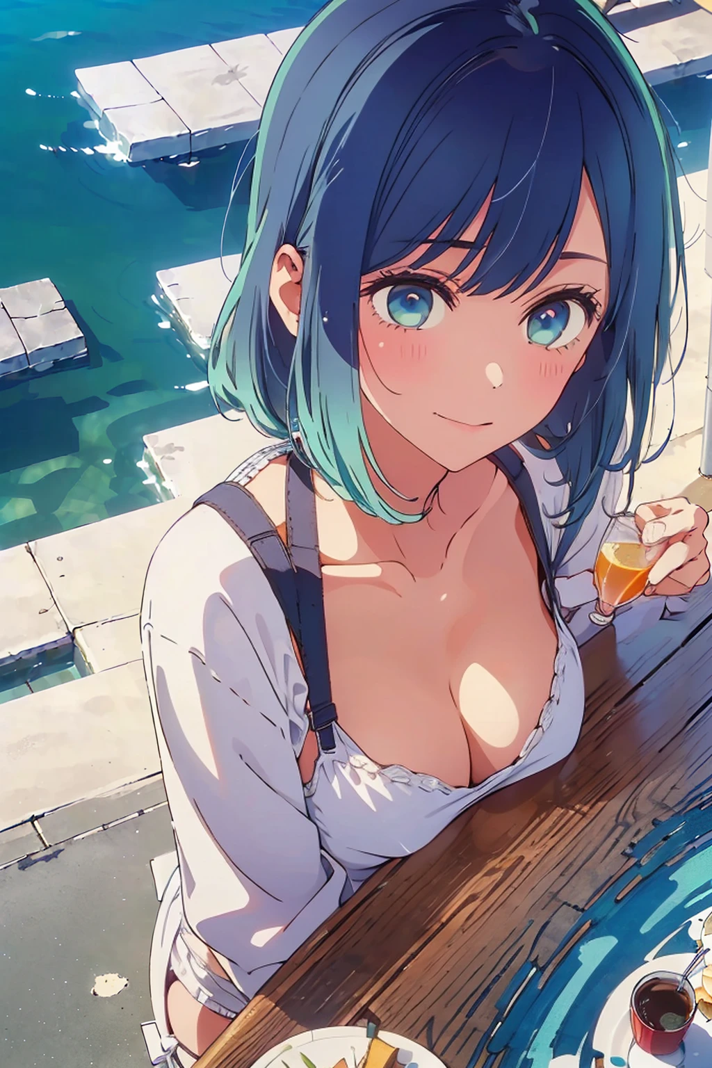 Highest quality,8k,detailed,F cup bust、Big Breasts、Slim and beautiful arms、Slim body、Very white beautiful skin、((((1 person、smile、Thin white bikini、smile、sit、In the background are the urban buildings of Tokyo、Outdoor café terrace、Drink juice、Cheek resting on hand、coastal、table、looking at the camera、Very cute face、Looking up、Shooting from a distance、Shot from above、Navy hair color))))、Sexy pose、Very blue sky、A completely cloudless sky、She tilted her head slightly、The atmosphere is bright and lively、The woman is at the center of the image。