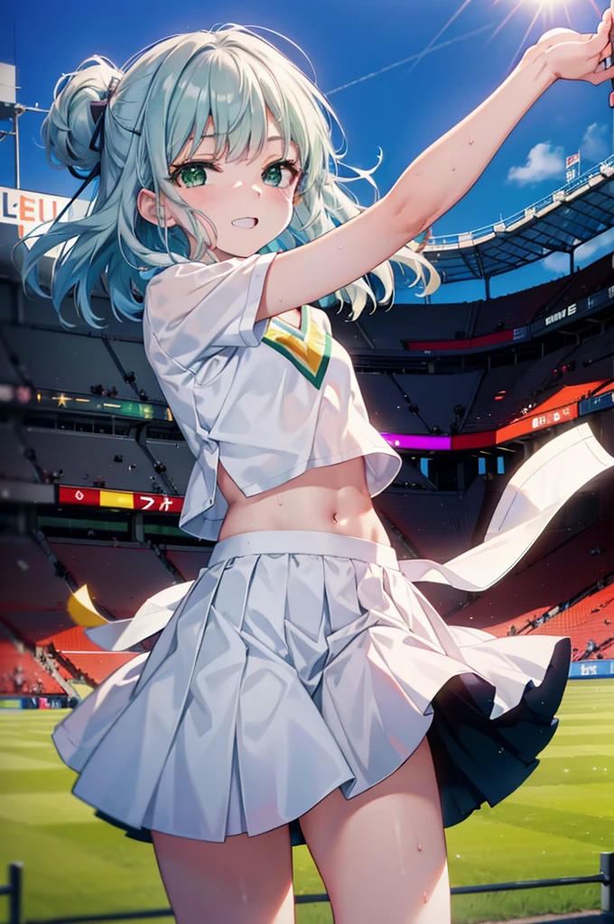 index, index,Silver Hair, (Green Eyes:1.5),Long Hair, (Flat Chest:1.2),Grin,tooth,Daytime,Clear skies,
,(cheer leading), (whole body), Lower, (Sweaty), Sweaty Wet Clothes, (White clothes),No sleeve, Pleated skirt,Black socks,sneakers, Belly button support, playground, (Jump), (Jump), 足を曲げてJumpする, air, blue sky, Grass原, smile,Cheerleader, Pom-pom \(cheer leading\)have, Grass, smile, whole bodyがイラストに入るように,
break looking at viewer, whole body,(Cowboy Shot:1. 5) ,
break indoors, Stadium,crowd, people々々,
break (masterpiece:1.2), Highest quality, High resolution, unity 8k wallpaper, (shape:0.8), (Fine and beautiful eyes:1.6), Highly detailed face, Perfect lighting, Highly detailed CG, (Perfect hands, Perfect Anatomy),