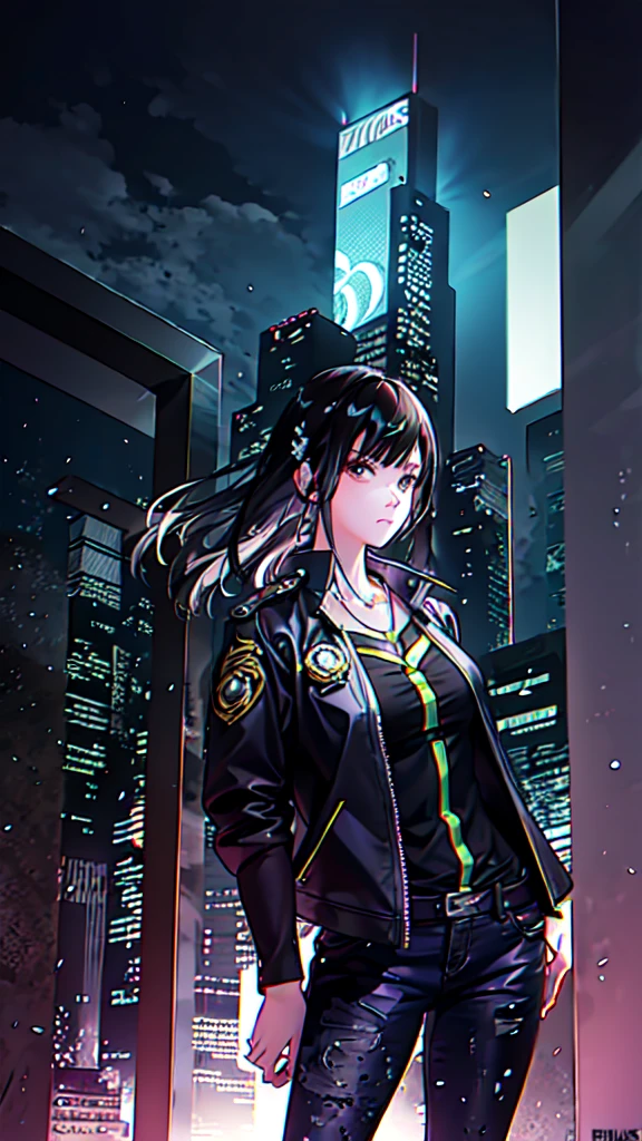 Portrait of Embuheis, Beautiful Face, Cyberpunk city at night. She is wearing a leather open jacket,lingerie,  Black jeans, Dramatic lighting, (Police Badge:1.2).
