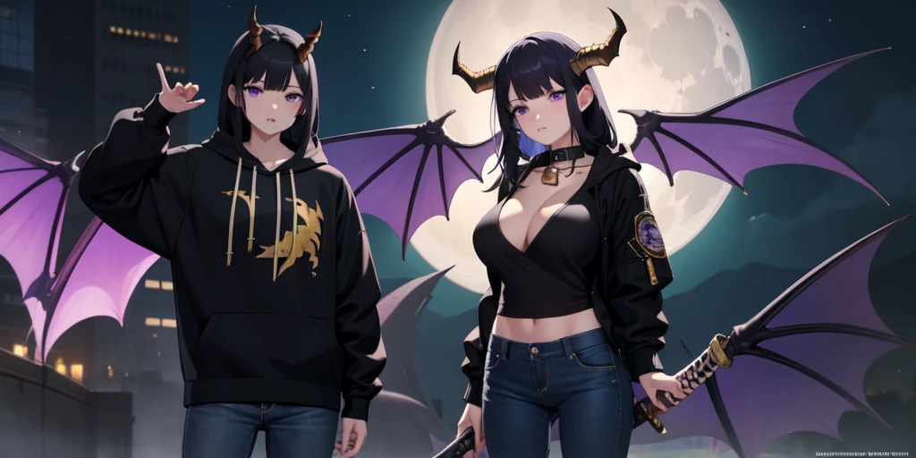 Beautiful woman, badass, sexy, holding katana, collar with bell around her neck, black jeans on her, black hoodie jacket on her, black and purple striped shirt under her hoodie, purple and black hair, dragon tail, dragon wings, black horns on head, large boobs, shy expression, standing up, moon in background, outside, purple eyes, HD, 1080p, perfect quality, hyper realistic, detailed