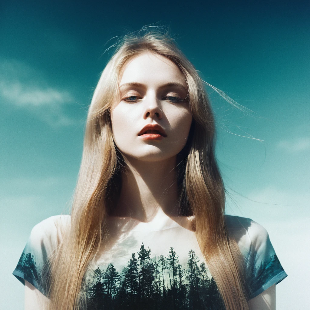 (Double Exposure Photography by Stanley Stellar and Josefa Pla Marco:1.2), award-winning photography, pale skin, evil slavic woman, long dark blond hair, upper body, aesthetic, dazzling atmosphere, atmospheric scattering, perfectly focused, f/22, symmetry and balance, artistic, infrared photography, outstanding details, (opal multi-color and opaque colors:0.1), ((artistic model pose for photo))
