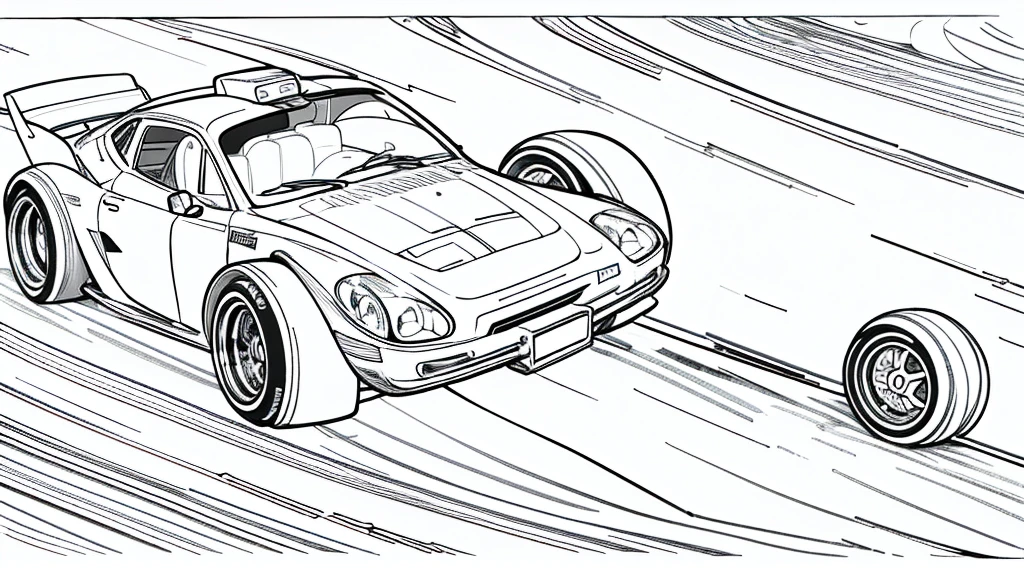 Coloring book page, beautifully drawn, black and white, car racing on a track, simple line, illustration, ink drawing, very prominent thick outlines, clean lines, line drawing, clipart. A car is moving along the road, another one is catching up behind it. In the background - stands and scoreboard.