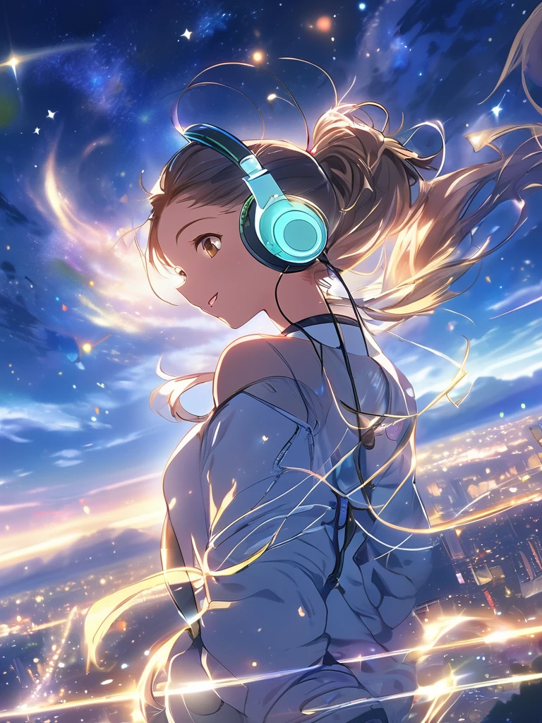 Night view, ponytail, Brown eyes, Flat Chest, of the future, Aurora shining in the night sky, beautiful, Headphones,dazzling and,Light Spark Link