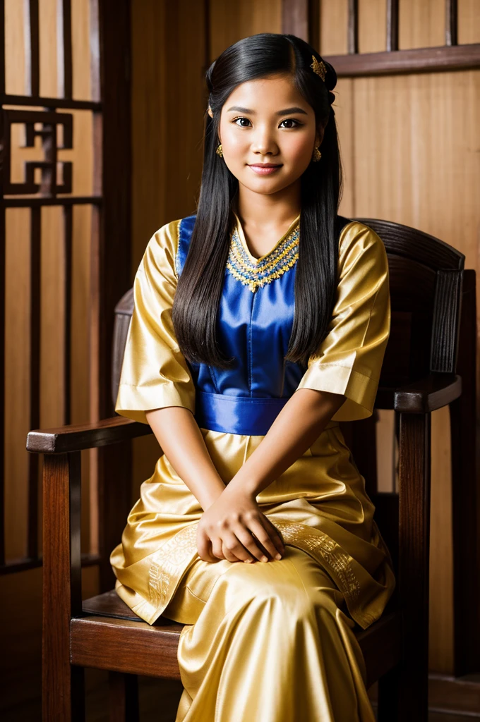 professional portrait photograph of a a girl wearing traditional filipino clothes, she's sitting in the old Filipino style chair, and the background is an old Filipino traditional room style, her hair is also a traditional filipino hair style, shes beautiful