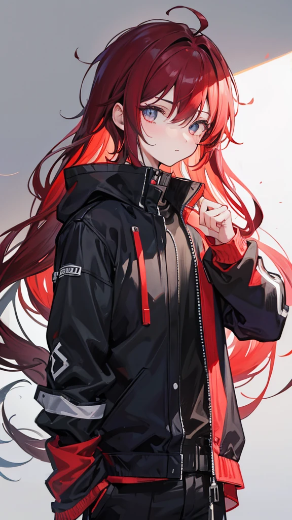 An illustration of a cool 15-year-old boy with 80% black and 20% red hair