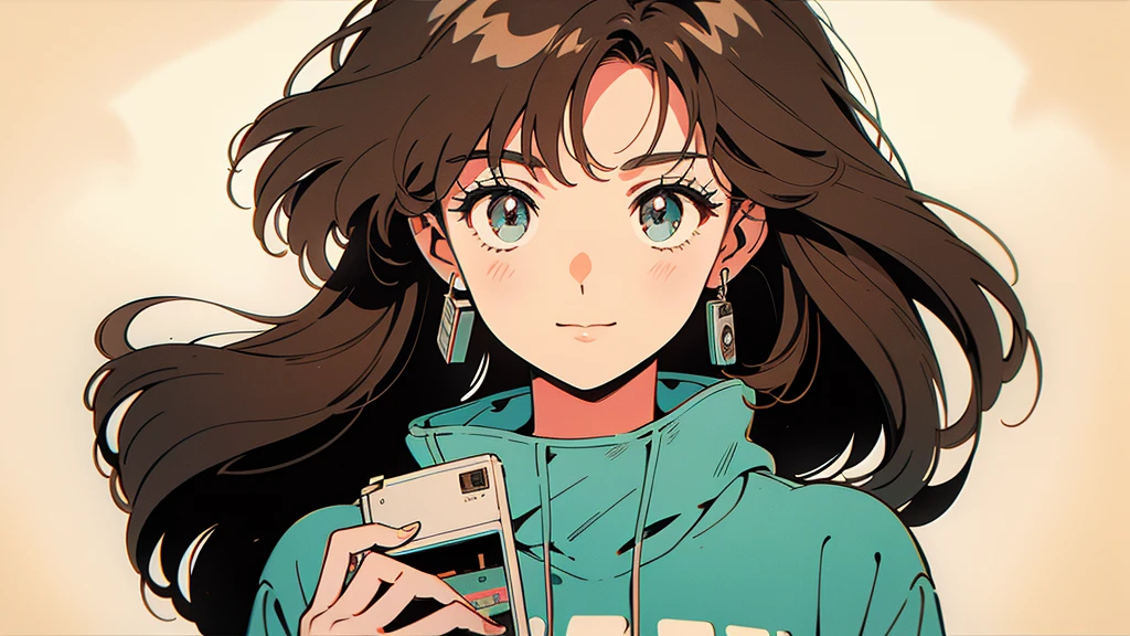 An anime style drawing of a girl holding a cassette tape. The girl has big eyes, brown hair, and wears casual clothes. The cassette tape is red and labeled ``1980...''. The girl is smiling and holding the cassette up in front of her face. The background is simple and the main focus is on the girl and the cassette tape.