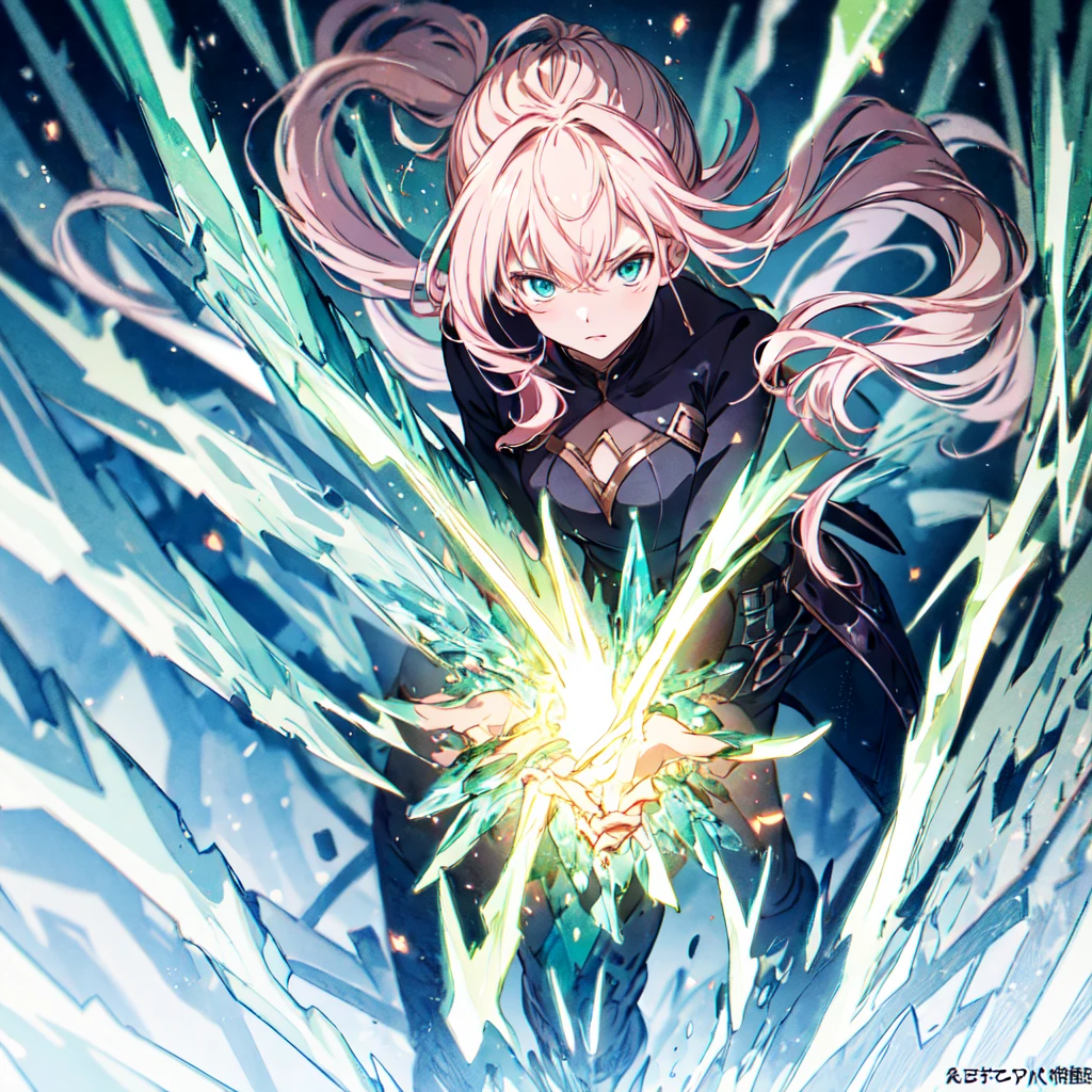 1girl、The best dynamic composition、minaba hideo, [17277fbe68]、(((最high quality、最高masterpiece、Super detailed、Official Art、The best dynamic composition)))、Anime Style、Dynamic pose、Dynamic composition、whole body,masterpiece, 最high quality, high quality, Very detailed CG, arm written depth, High resolution, bloom, chromatic aberration, realism, Very detailed, Art Station Complex, High detail, dramatic、masterpiece, 最high quality, Anime Style, Green crystal girl, Long pink hair, ponytail, blue eyes, green glass, Transparency, Green light particles, Green Aura, effect, action, Flying kick, Stiletto heels, Translucent green clothing, wind effect dancing from the hands, Shiny green background, whole bodyショット, White light particles, yellowの光粒子, Gloss, Gloss, Three-dimensional, Concave and convex, Explosive power, Spirit, There is a sense of tension, urgent, And fierce battle; This composition depicts the girl from a distance; A powerful green energy wave is released; Lightning flashes behind her, The surroundings are illuminated in green.. She is surrounded by a blue aura, purple, yellow. Powerful and dramatic. Dynamic and colorful visuals. This anime uses soft, watercolor-like brushstrokes to create delicate lines., Multiple cells are stacked、The texture of the ink is expressed. Bringing out quality through meticulous work., Gloss感, Gloss