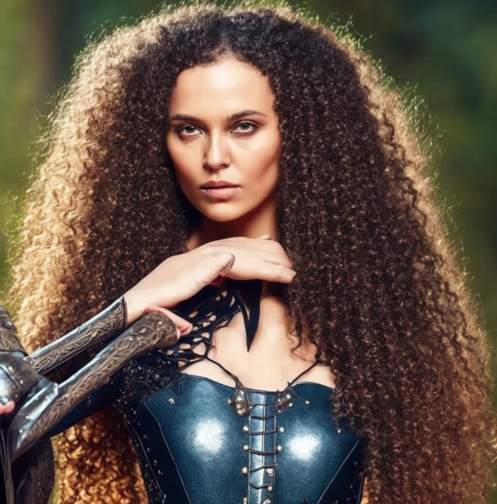best quality, masterpiece, ultra high res, strong woman, long curly hair, leather armor, medieval clothing, archer, elaborate bow, mystical runes, magical, detailed background, forest, extreme detail, 4k,  