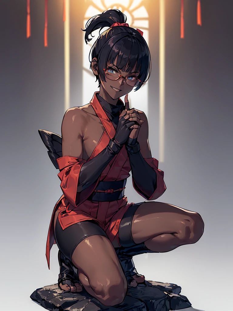 (flat chest), (masterpiece:1.2), highest quality, High resolution, unity 8k wallpaper, (fine and beautiful eyes:1.6), highly detailed face, perfect lighting, Detailed CG, (perfect hands, perfect anatomy), (1 boy solo:1.4), 20 years old,( black hair:1.3), extremely beautiful detailfeminine face and eyes, (evil smile:1.4), detailed eyes, best quality,( dark skin:1.8),   extremely detailed, very precise detailed,(glasses:1.3), blunt bangs, open mouth, (very short pixie cut:1.2), (geta:1.3),(fingerless gloves:1.5), smile, half closed eyes,long sidelocks,(long red Scarf:1.3),(yukata),(squatting),(acrobat pose:1.3),(squat:1.3),(one knee dwon:1.5),(put one foot in front:1.3) ,(index fingers up:1.6),(own hands clasped:1.8), spread legs,(kuji:1.3)