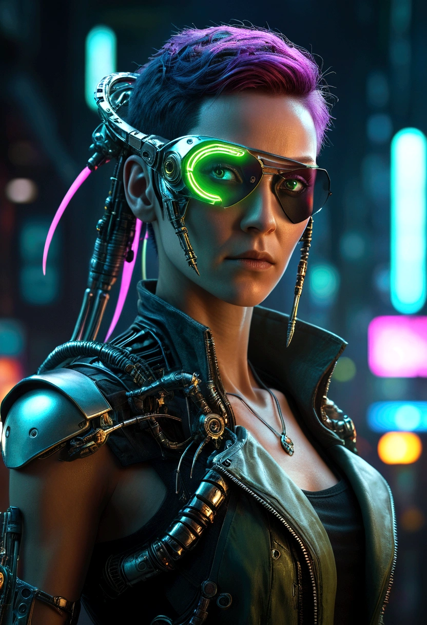 cyberpunk style, bio mechanical pirate, cybernetic arms and mantis blade, wearing a futuristic eye patch, 1 person, highly detailed, hyperrealistic, intricate, sharp focus, 8k, masterpiece, photorealistic, chiaroscuro lighting, dramatic lighting, neon lights, glowing cybernetic implants, futuristic cityscape background, moody color palette, deep shadows