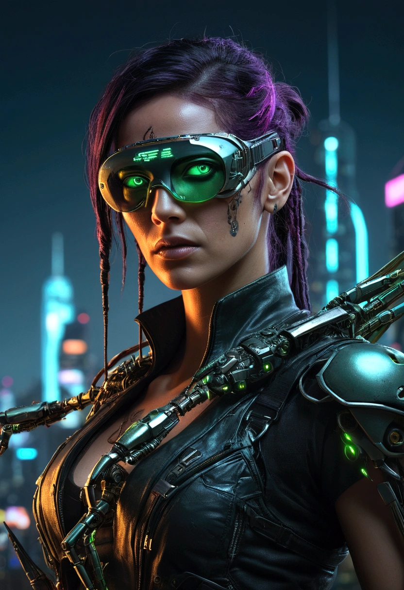 cyberpunk style, bio mechanical pirate, cybernetic arms and mantis blade, wearing a futuristic eye patch, 1 person, highly detailed, hyperrealistic, intricate, sharp focus, 8k, masterpiece, photorealistic, chiaroscuro lighting, dramatic lighting, neon lights, glowing cybernetic implants, futuristic cityscape background, moody color palette, deep shadows