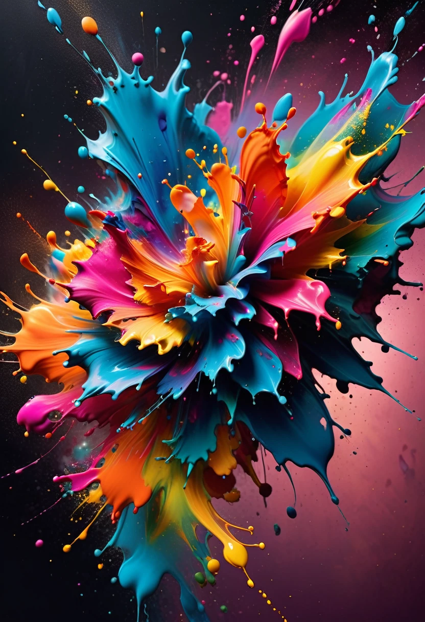 (best picture quality，4k,8k，high-definition，masterpiece:1.2)，Ultra-detailed，(lifelike，lifelike，lifelike:1.37)。Creative wallpaper design，Extremely aesthetic，Explosive art，swirl，abstract art，like a blooming flower，（（（ink splash：1.5，Art splashes））），（（（ink splash effect：1.37，Sprayed paint：1.37.splash of colorful paint，paint splatter background，）））Energetic movement，Dynamic and powerful abstract art，rich colors，propylene，Vivid rainbow hues，Happy and lively atmosphere，bright orange，Pink，Whimsical and dreamy，Spontaneous splashing，bold color contrast。dark background