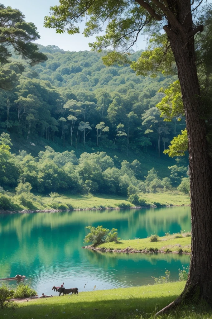 Crie um pequeno lago em meio a floresta com cavalo andando perto do lago ,create 30 second video.