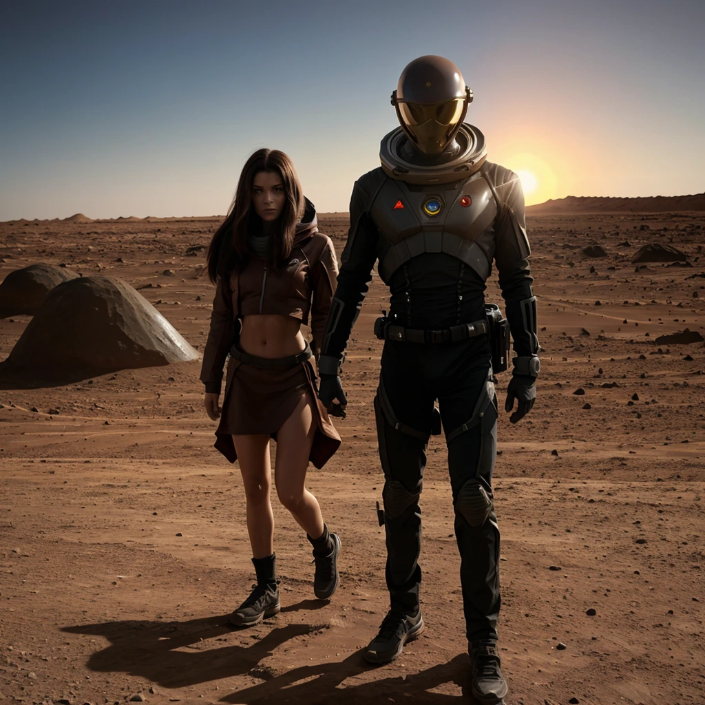 Generate an image of man and women hiding from an alien on another planet