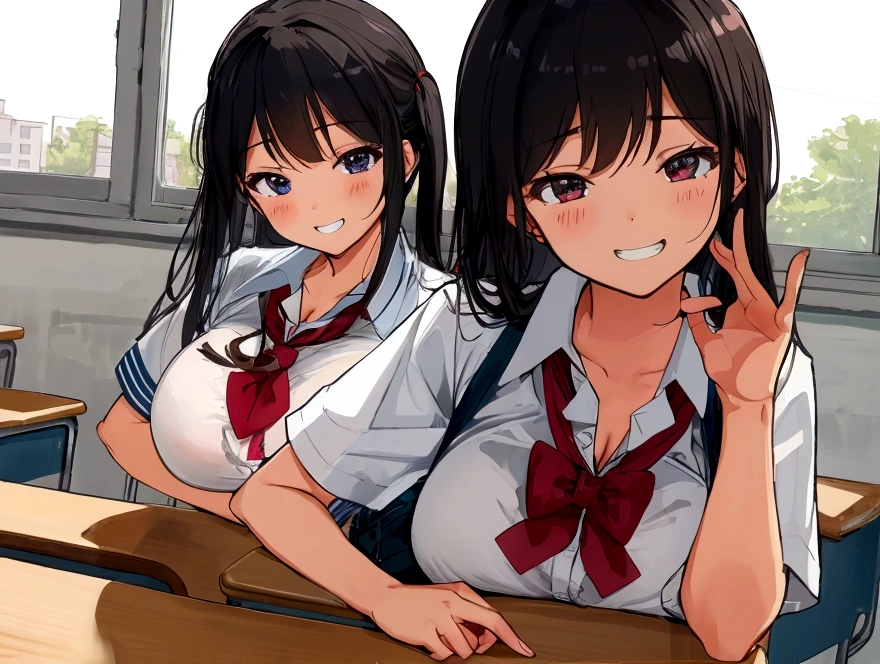 high school girl、Dressed in high 、School classroom、(Big Breasts)、Grinning face、(solo)、