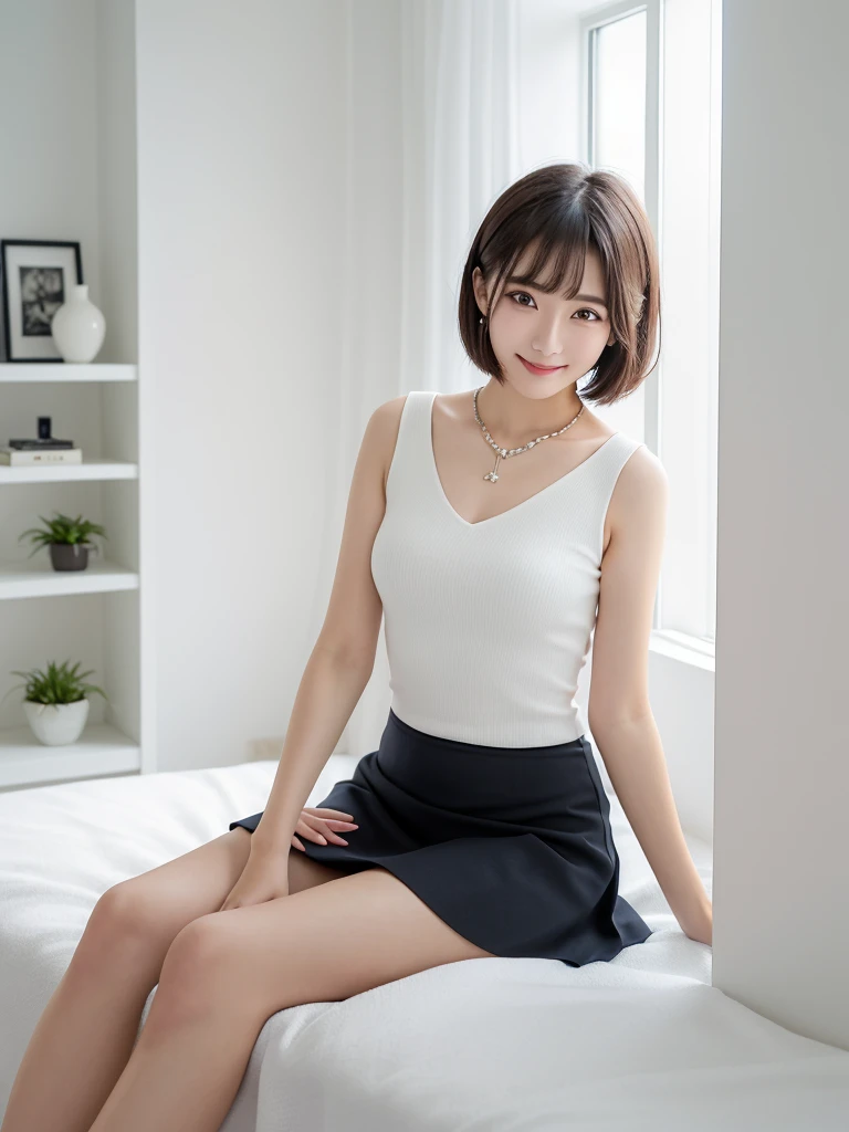 highest quality, Photoreal, alone, stand upright,(Accurate人体構造)、 (White latex material&Punk-style outfit with distinctive rivets)、(White genuine leather long boots、knee length)、(shortcut)、earrings、double eyelid, (eyelash:0.7)、lip gloss, (smile:1), ((looking at the viewer))、(normal breast)、(The whole body is reflected)、((Are standing)), (short hair of reddish-brown color wet and shiny,),red mouth,clavicle、full body portrait、digital illustration, (Photoreal:1.3),(Raw photo) black hair, Solid Circle Eye, light smile, brown hair, short hair, bob cut, opened my eyes, surrealism, cast a shadow, anaglyph, stereogram, tachi-e, throw, atmospheric perspective, cinematic lighting, f/2.8, nikon, 8K, Super detailed, Accurate, highest quality, rough skin, anatomically correct, masterpiece ,masterpiece,highest quality, double eyelid,lip gloss, (smile:1),red mouth,clavicle, ((looking at the viewer)),(short hair of reddish-brown color wet and shiny,),hotel room、(The whole body is reflected)、(机の前にAre standing)、