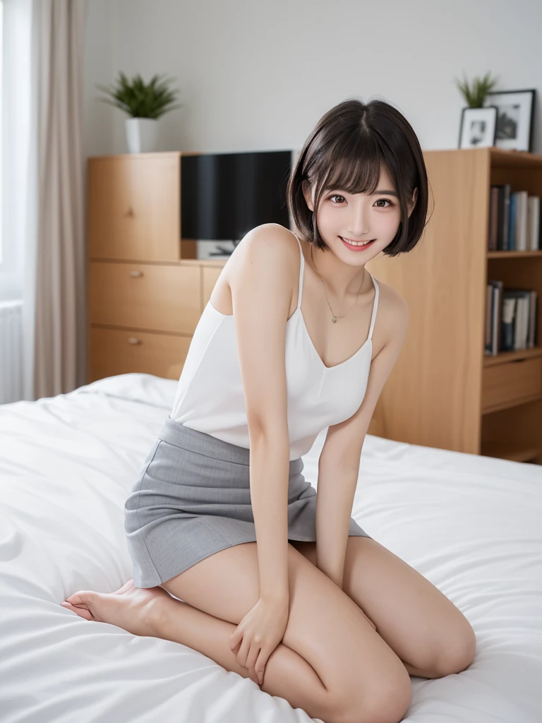 (Highest quality、masterpiece:1.9)、((Neat and clean female college student、1 person))、Soft lighting by a professional photographer、Natural light、((Very spacious white luxurious room:1.6))、((Bright white room:1.6))、(Sitting on a very luxurious white bed:1.2)、(White Bookcase:1.1)、Natural soft light、((Black Hair:1.1))、Fair skin、Detailed Eyes、double eyelid、Slightly puffy cheeks、((Small Face:1.0))、((Check One Piece、Grey mini skirt、Please wear it with the chest open.:1.1))、(smile)、((Girly pose 1.8))、High resolution,、((Short Hair:1.2))、((Full Body Shot:1.2))、Live-action image quality、((Height: 150cm))、Hands in front、Hide your hands between your legs、(bangs:1.1)、