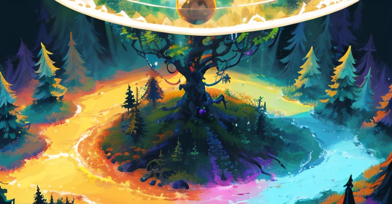 crie uma imagem estilo 3D, personagem elfo, asa de fada, floating a glowing crystal ball between hands, saindo vagalumes da bola, luzes douradas, fundo verde, tree roots through the scenery