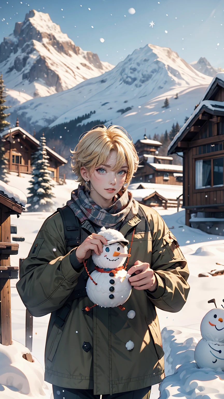 _Model shooting style, Bang Chan is having fun building an olive-eyed snowman., House background, Snowy mountain background, it&#39;s snowing, (Bang Chan Green Hair:0.8), (Bang Chan yellow hair:0.7), (Bang Chan Ombre Hair:0.4),  (Focus on Bang Chan: 0.8), Zoom lens shot, Studio Ghibli, (((masterpiece))), (((Highest quality))), (Highly detailed CG Unity 8k wallpaper)