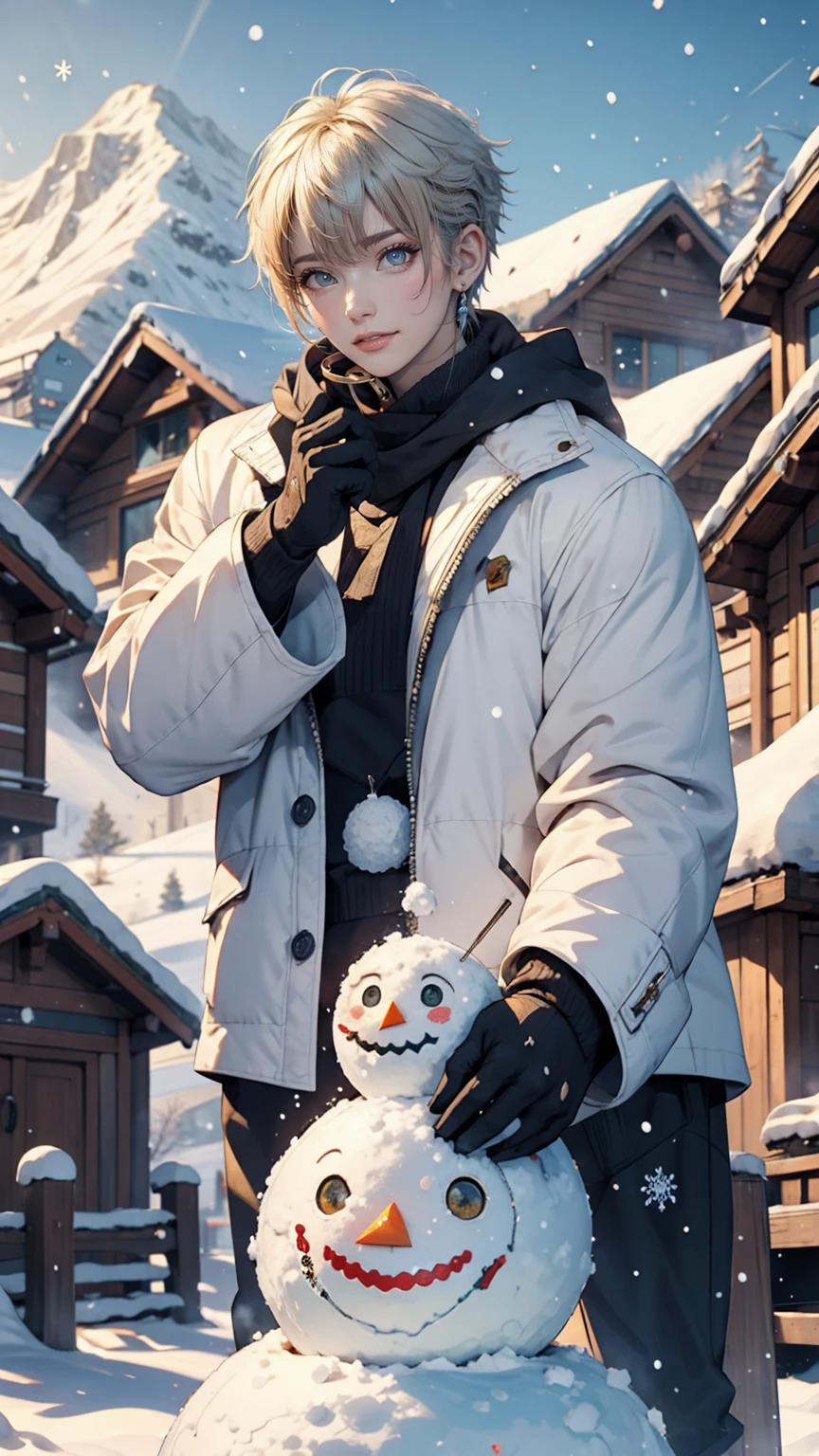 _Model shooting style, Bang Chan is having fun building an olive-eyed snowman., House background, Snowy mountain background, it's snowing, (Bang Chan Green Hair:0.8), (Bang Chan yellow hair:0.7), (Bang Chan Ombre Hair:0.4), (Focus on Bang Chan: 0.8), Zoom lens shot, Studio Ghibli, (((masterpiece))), (((Highest quality))), (Highly detailed CG Unity 8k wallpaper)