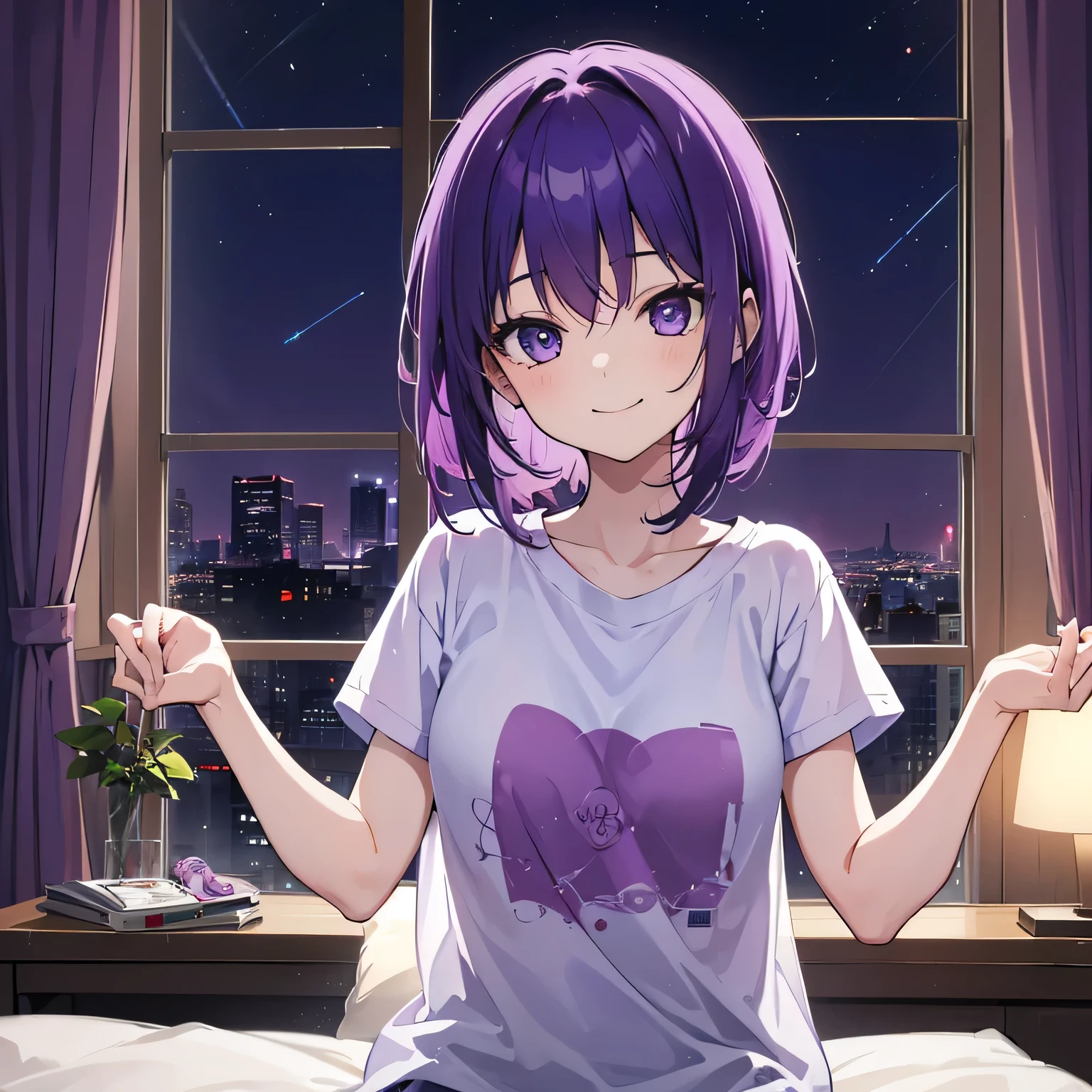 (T Masterpiece，4K wallpaper，Best Quality))、((girl１people))、(solo)、Bright and Brilliant，(Purple Hair)、(short hair:1.3)、smile、Bedroom、T-Shirts、night