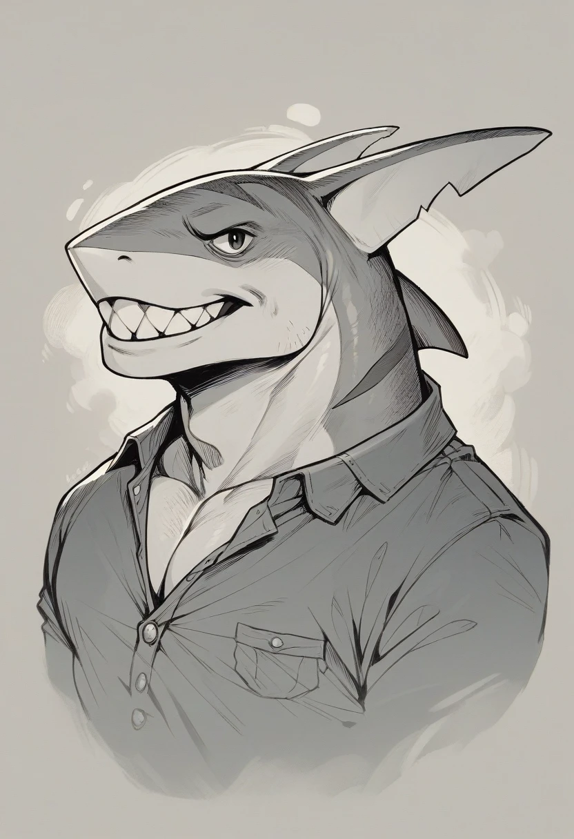 Realistic shark that can be seen from the waist to the head, con brazos musculosos de color verde y amarillo