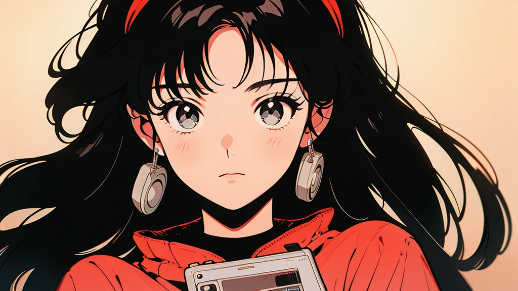 A picture of a girl in anime style holding a cassette tape. The girl has big eyes, black hair, and wears a red hairband. The cassette tape is red and she holds it up in front of her face. The background is simple and the main focus is on the girl and the cassette tape.