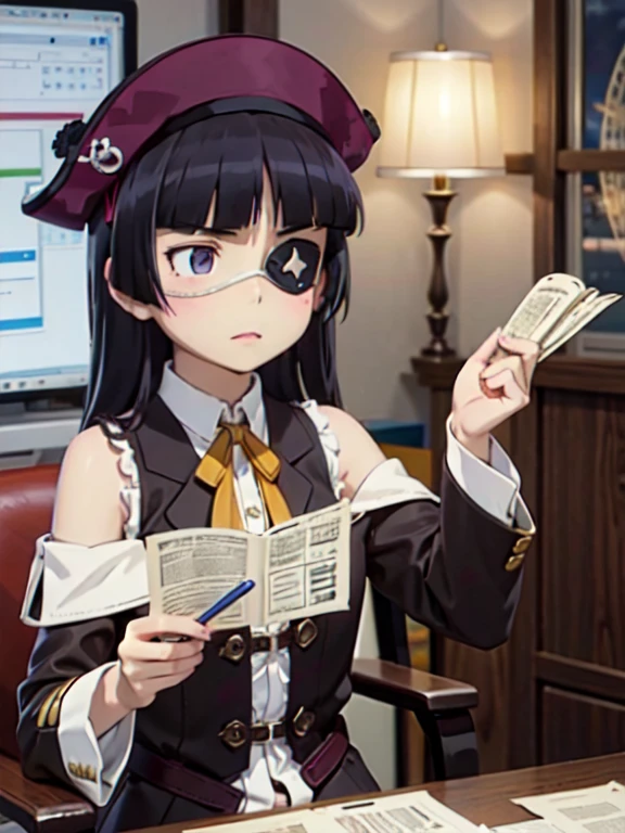 (Eye patch), One Girl, Hime cut, (ruri gokou), Holding a treasure map、Female pirate planning strategy in the cabin of the ship。Eye patchと皮革の衣装が特徴的で、A treasure chest can be seen behind。A situation filled with tension and adventure。, pirate, pirate hat, deck, coat, bare shoulder, 