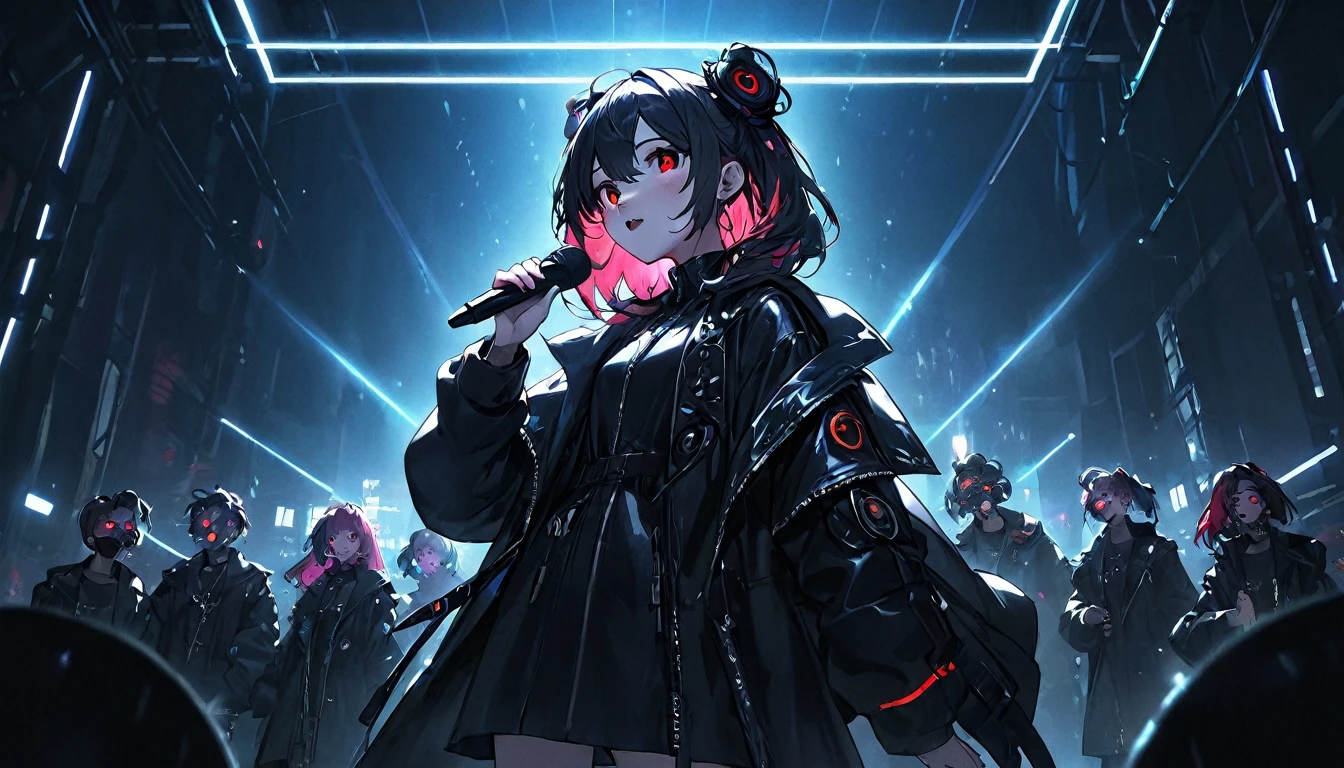 One girl singing with a microphone、whole body、cyber punk、Red eyes、Glowing Eyes、Black coat、Open coat、