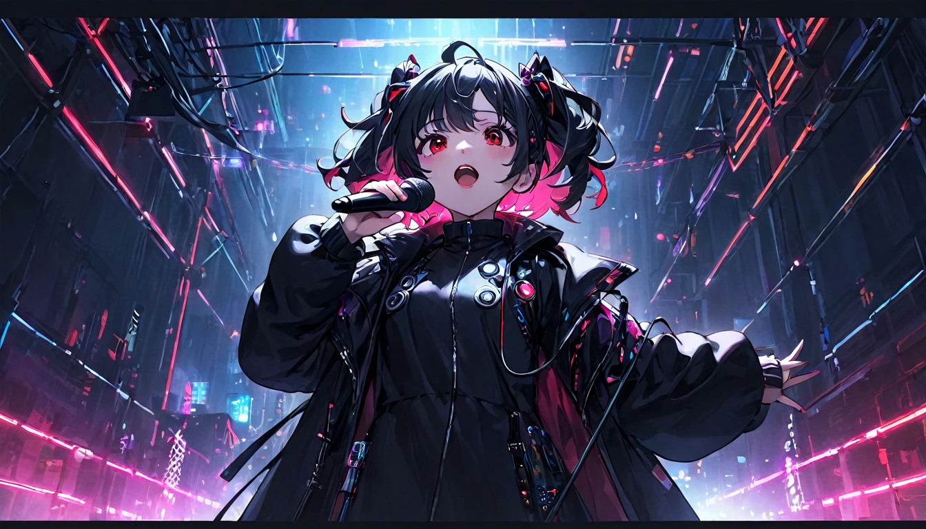 One girl singing with a microphone、whole body、cyber punk、Red eyes、Glowing Eyes、Black coat、Open coat、Teen