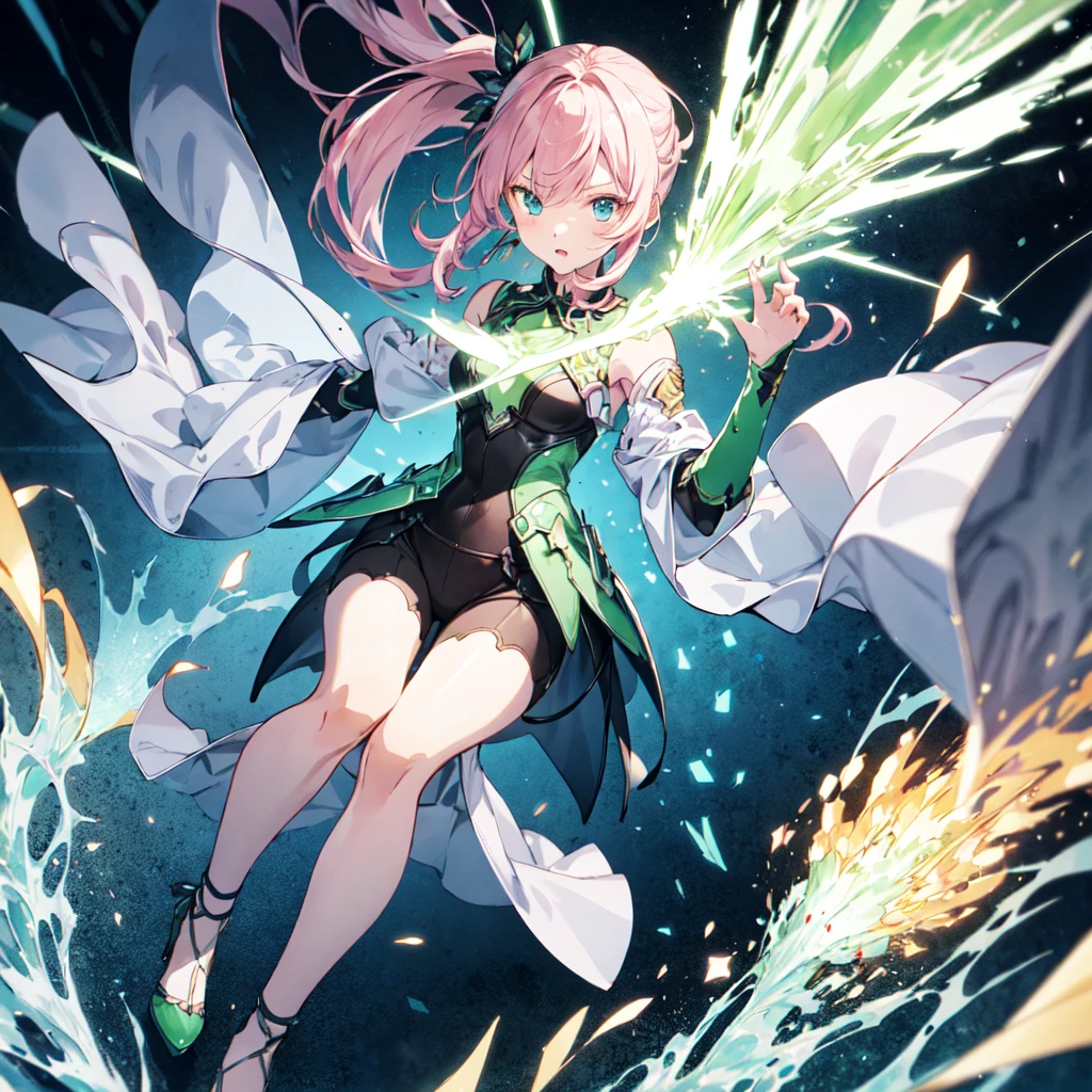 1girl、The best dynamic composition、minaba hideo, [17277fbe68]、(((最high quality、最高masterpiece、Super detailed、Official Art、The best dynamic composition)))、Anime Style、Dynamic pose、Dynamic composition、whole body,masterpiece, 最high quality, high quality, Very detailed CG, arm written depth, High resolution, bloom, chromatic aberration, realism, Very detailed, Art Station Complex, High detail, dramatic、masterpiece, 最high quality, Anime Style, Green crystal girl, Long pink hair, ponytail, blue eyes, green glass, Transparency, Green light particles, Green Aura, effect, action, Flying kick, Stiletto heels, Translucent green clothing, wind effect dancing from the hands, Shiny green background, whole bodyショット, White light particles, yellowの光粒子, Gloss, Gloss, Three-dimensional, Concave and convex, Explosive power, Spirit, There is a sense of tension, urgent, And fierce battle; This composition depicts the girl from a distance; A powerful green energy wave is released; Lightning flashes behind her, The surroundings are illuminated in green.. She is surrounded by a blue aura, purple, yellow. Powerful and dramatic. Dynamic and colorful visuals. This anime uses soft, watercolor-like brushstrokes to create delicate lines., Multiple cells are stacked、The texture of the ink is expressed. Bringing out quality through meticulous work., Gloss感, Gloss