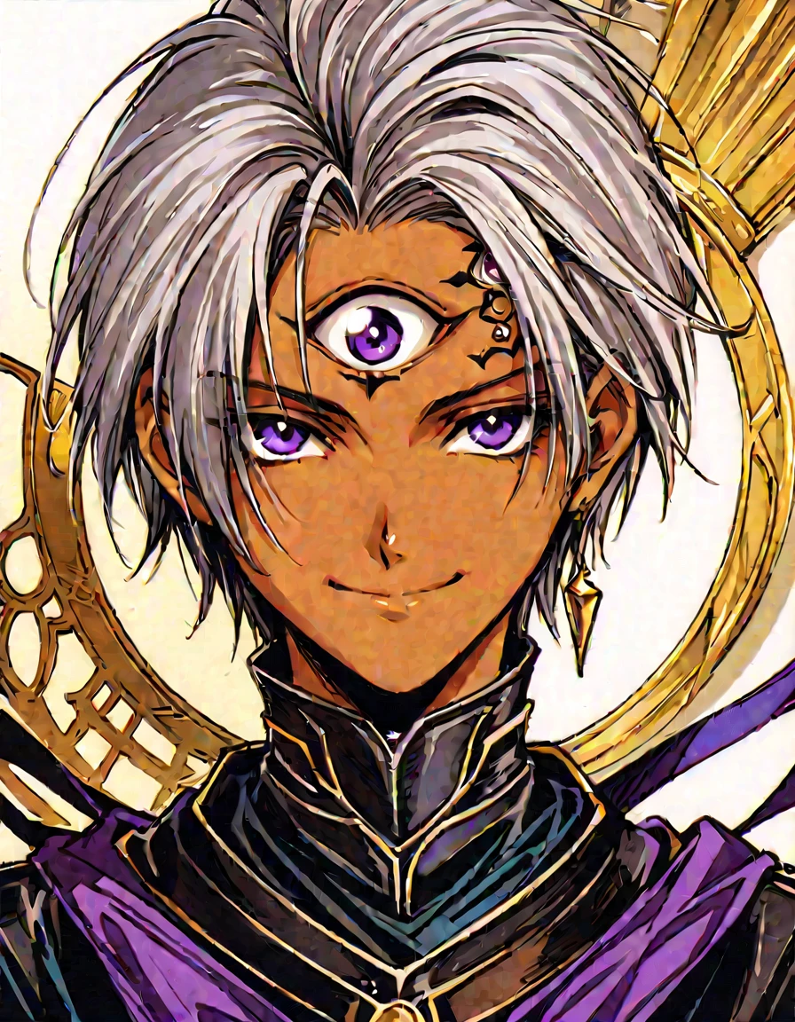 ((Highest quality)), ((masterpiece)), (((White Background))),male,(20th Generation),(Fantasy Costume),(youth),Character portrait,Gray Hair,((Front view)),(Character details),Purple Eyes,Brown skin,There are eyes on the forehead,Third Eye,alone,Are standing,(Black Armor),Silver Hair,adult,smile