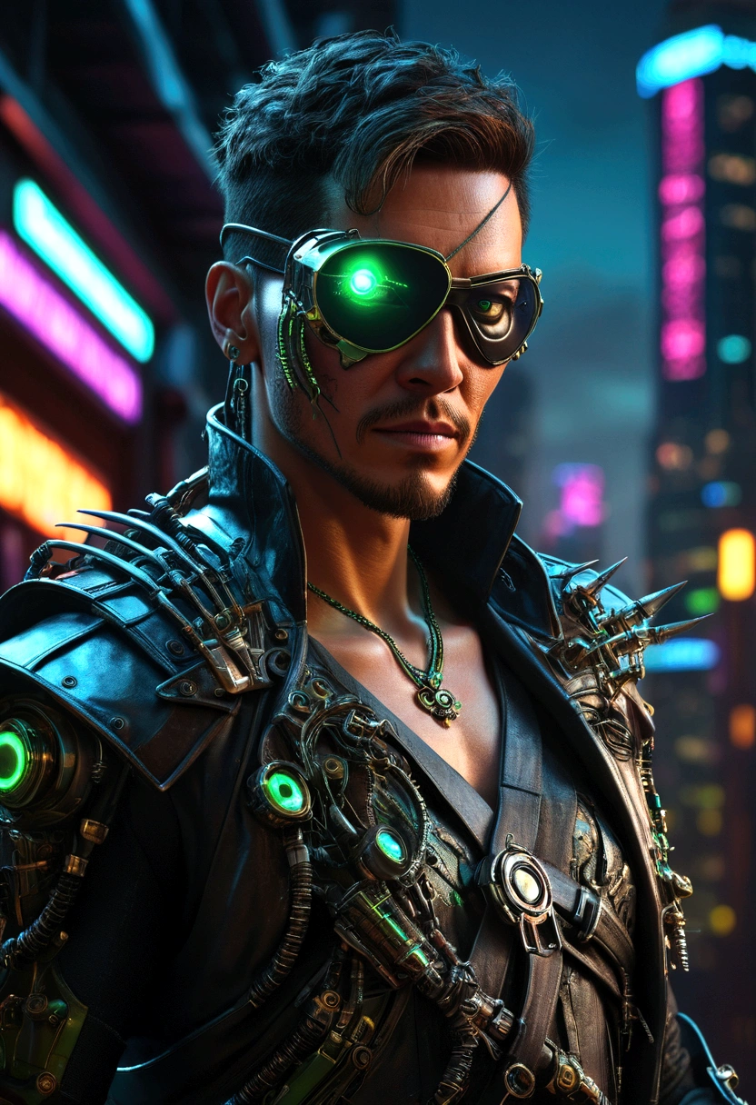 cyberpunk style, bio mechanical pirate, cybernetic arms and mantis blade, wearing a futuristic pirate styled eye patch, 1 person, highly detailed, hyperrealistic, intricate, sharp focus, 8k, masterpiece, photorealistic, chiaroscuro lighting, dramatic lighting, neon lights, glowing cybernetic implants, futuristic cityscape background, moody color palette, deep shadows