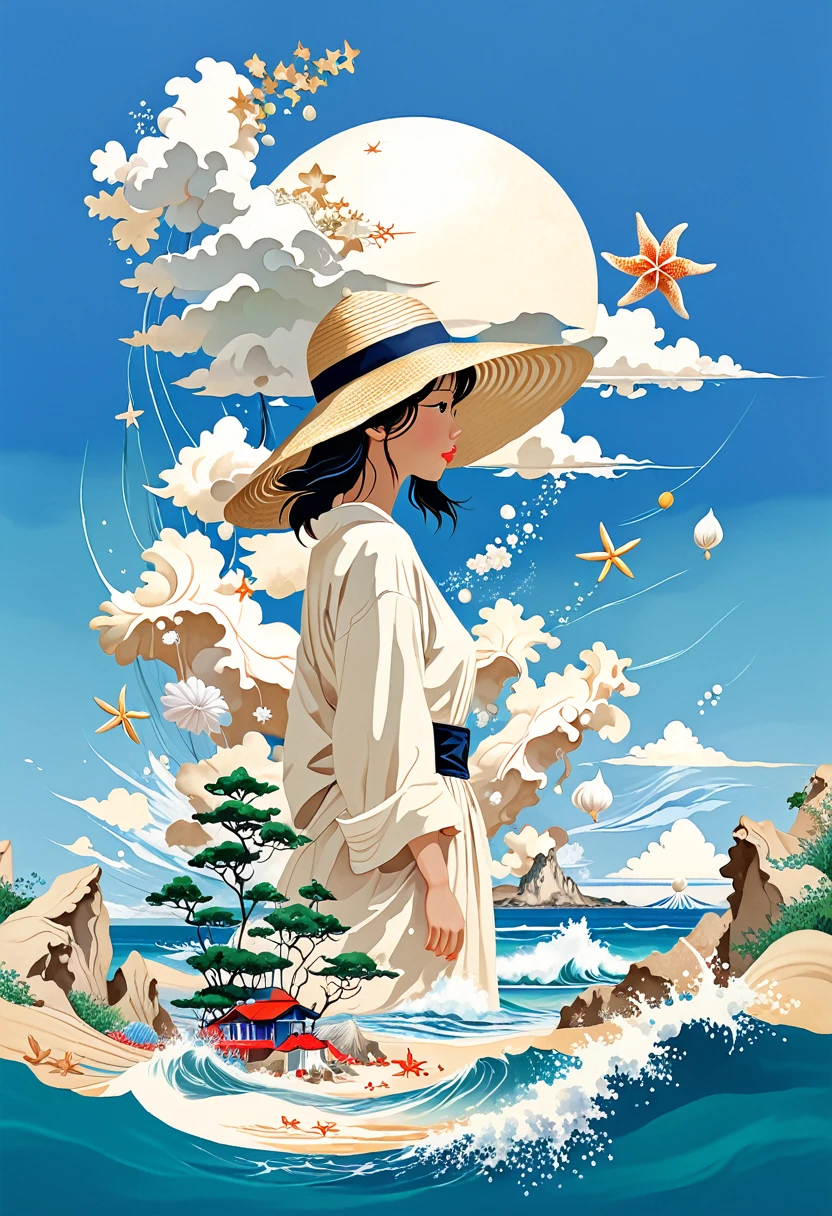 Illustration of a girl wearing a straw hat、Standing stunned、(The girl is depicted large:1.4)、Style of Japan painting、Beach waves splashing、Starfish、White shells、Emerald blue sea background、Cumulonimbus cloud debris、Highest quality、Ultra-high resolution、Golden Ratio、Maximum Coefficient、Cappadocia