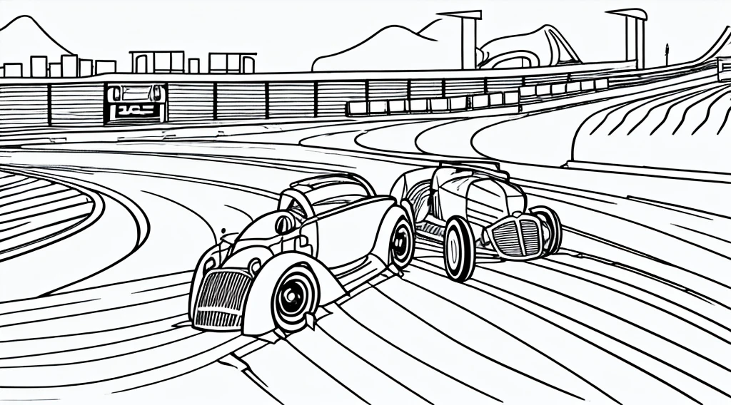 Coloring book page, beautifully drawn, black and white, car racing on a track, simple line, illustration, ink drawing, very prominent thick outlines, clean lines, line drawing, clipart. A car is moving along the road, another one is catching up behind it. In the background - stands and scoreboard.