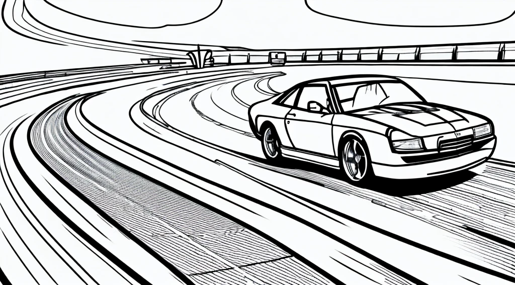 Coloring book page, beautifully drawn, black and white, car racing on a track, simple line, illustration, ink drawing, very prominent thick outlines, clean lines, line drawing, clipart. A car is moving along the road, another one is catching up behind it. In the background - stands and scoreboard.